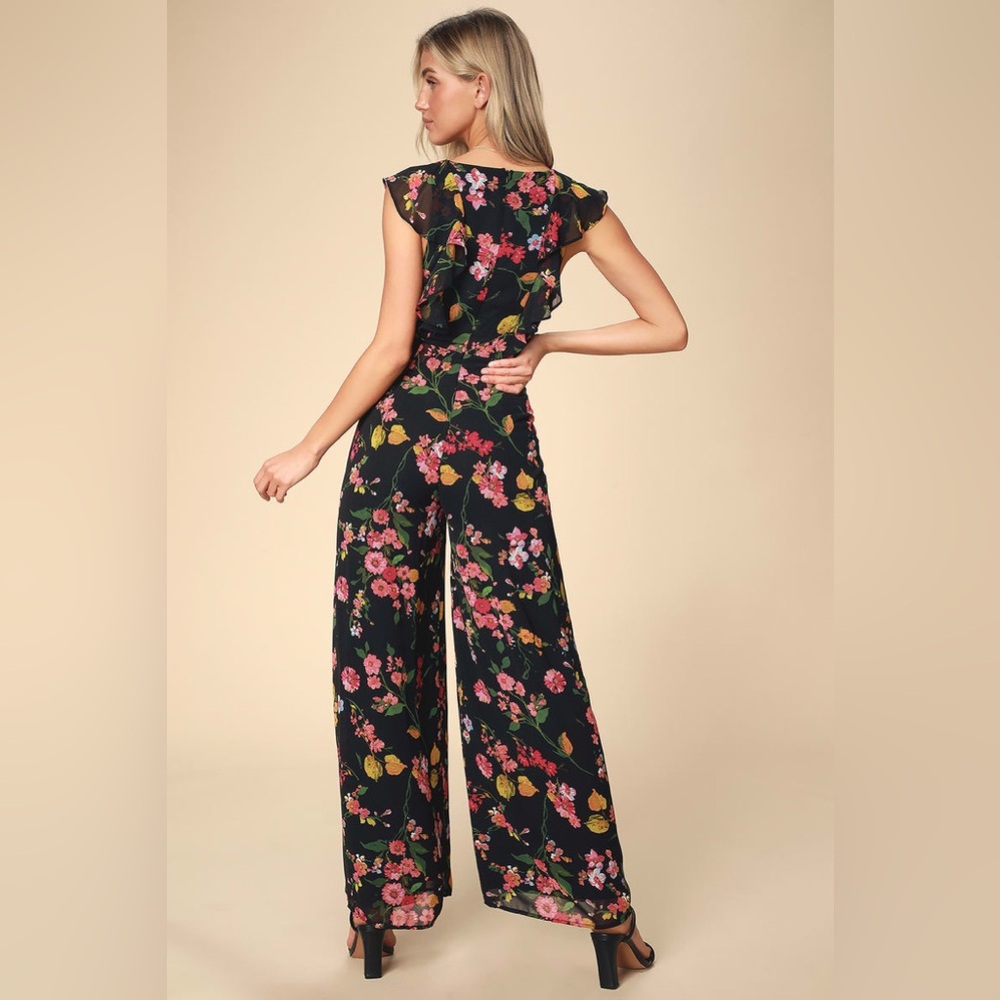 Lulus Blooming Love Black Floral Print Ruffled Jumpsuit Size Small S Current - Picture 3 of 14